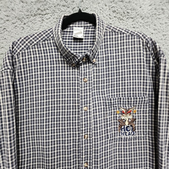 Wile E Coyote Hot Head Plaid Flannel Shirt Mens L Warner Bros Store Looney Tunes - Picture 3 of 8